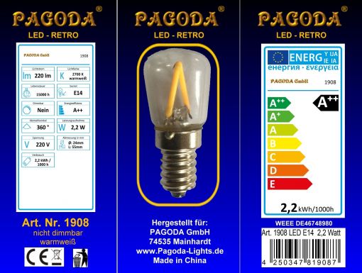 pagoda LED Birne E 14, 2,2 Watt Retro